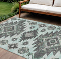 9 X 12 Mint Green And Charcoal Tribal Washable Indoor Outdoor Area Rug