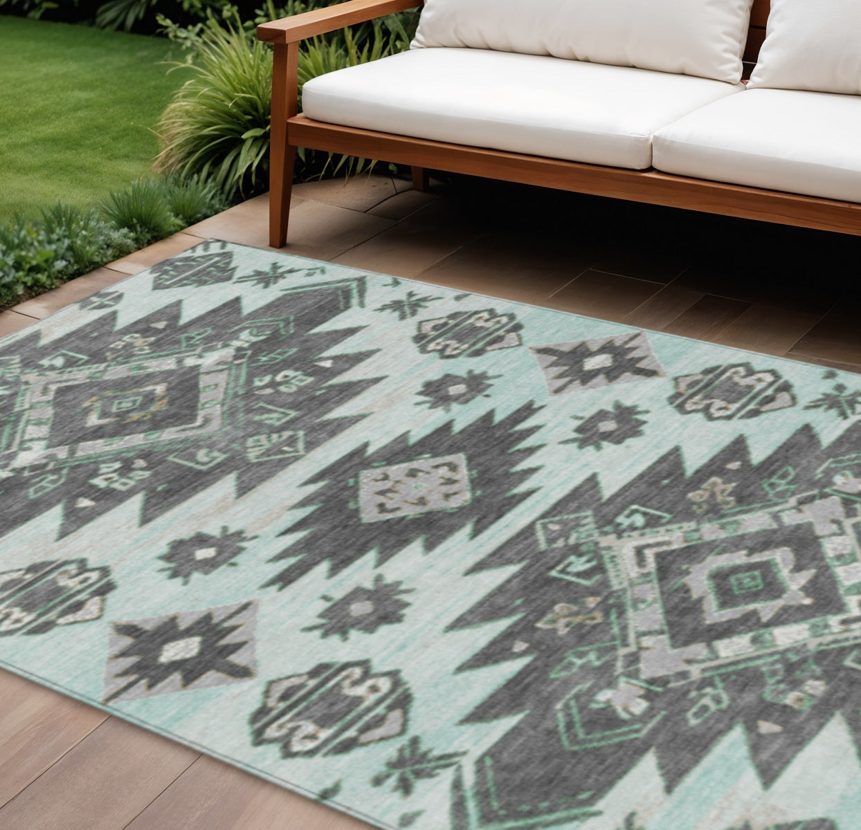10 X 14 Mint Green And Charcoal Tribal Washable Indoor Outdoor Area Rug