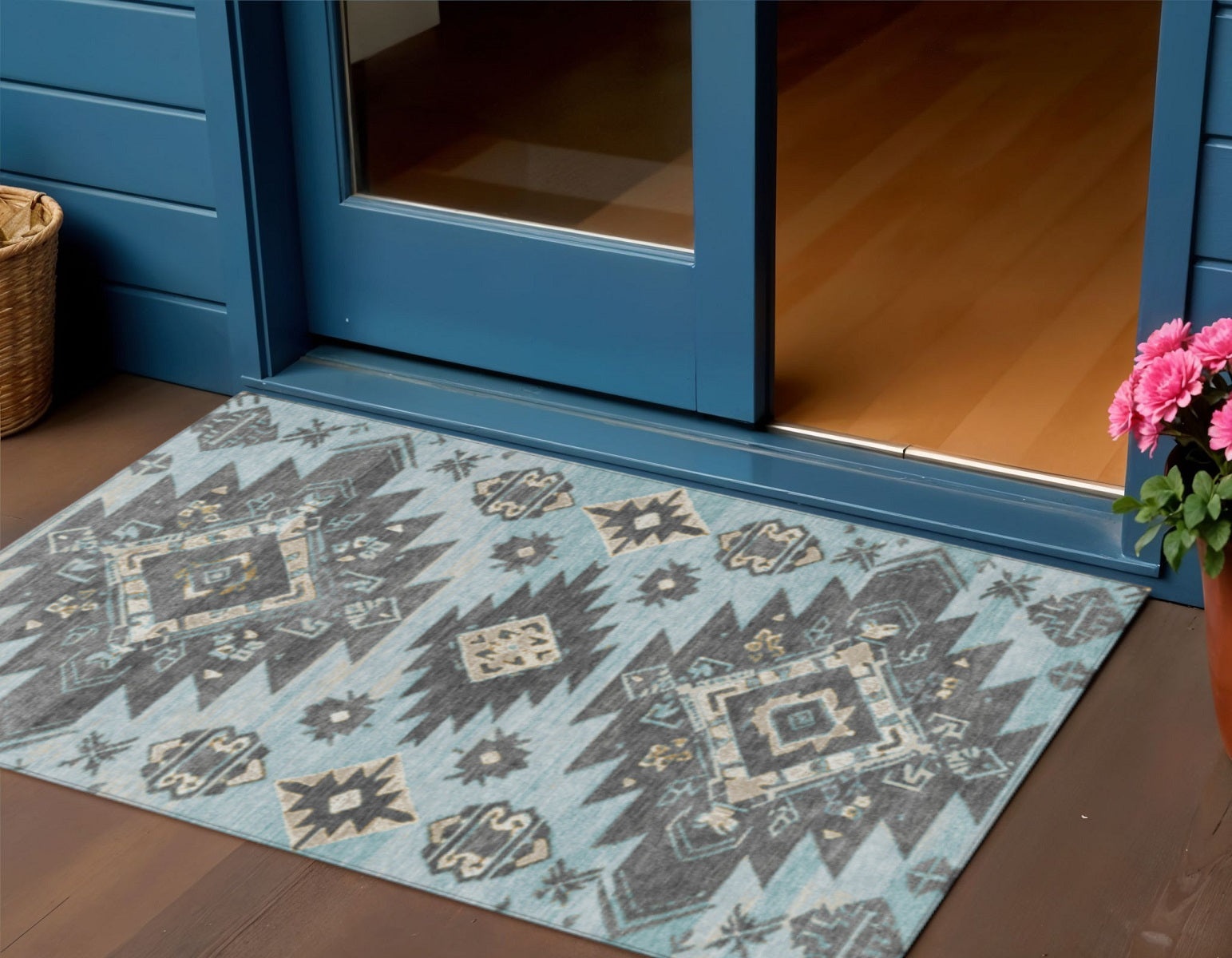 3 X 5 Teal Blue And Charcoal Tribal Washable Indoor Outdoor Area Rug