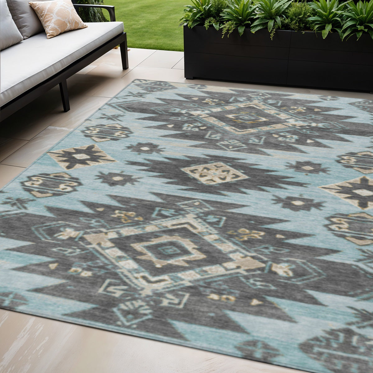 5 X 8 Teal Blue And Charcoal Tribal Washable Indoor Outdoor Area Rug