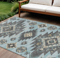 8 X 10 Teal Blue And Charcoal Tribal Washable Indoor Outdoor Area Rug