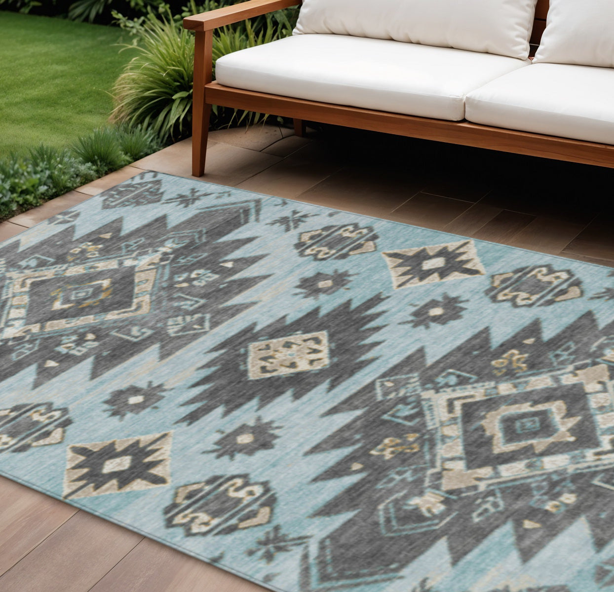 9 X 12 Teal Blue And Charcoal Tribal Washable Indoor Outdoor Area Rug