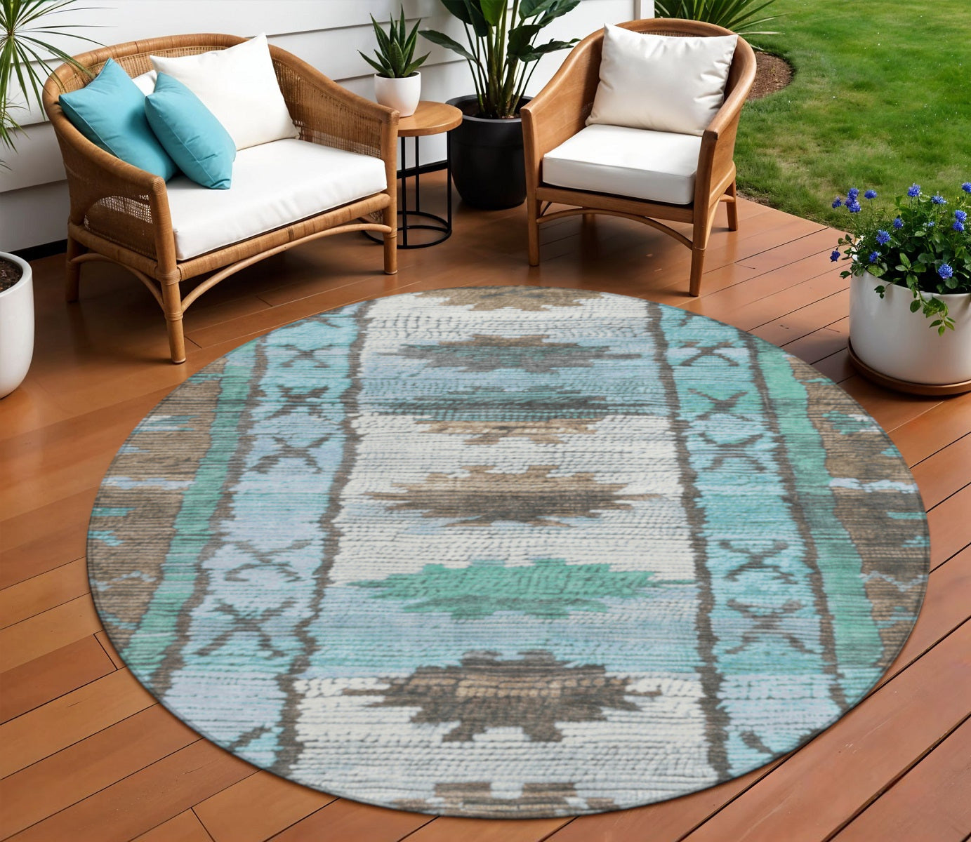 8 Brown And Teal Blue Round Tribal Washable Indoor Outdoor Area Rug