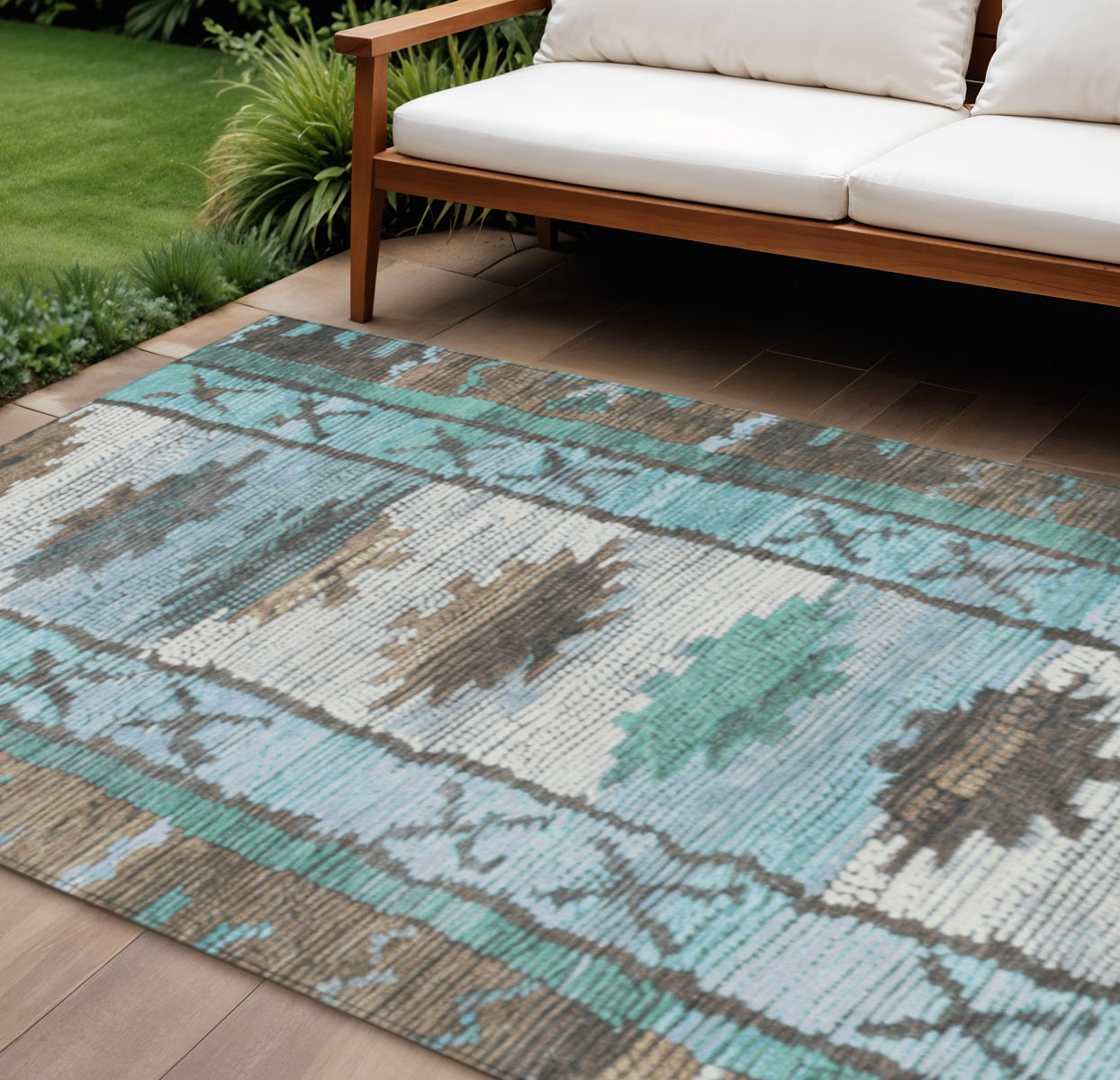 8 X 10 Brown And Teal Blue Tribal Washable Indoor Outdoor Area Rug