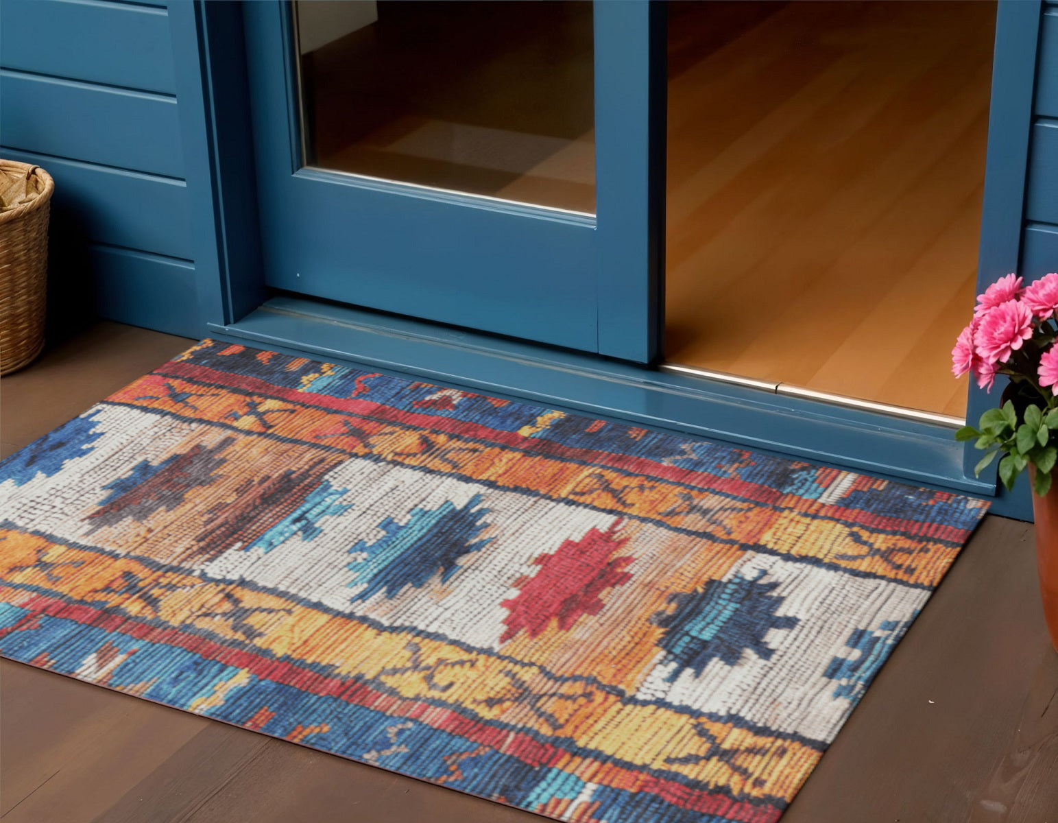 3 X 5 Navy Blue And Copper Tribal Washable Indoor Outdoor Area Rug