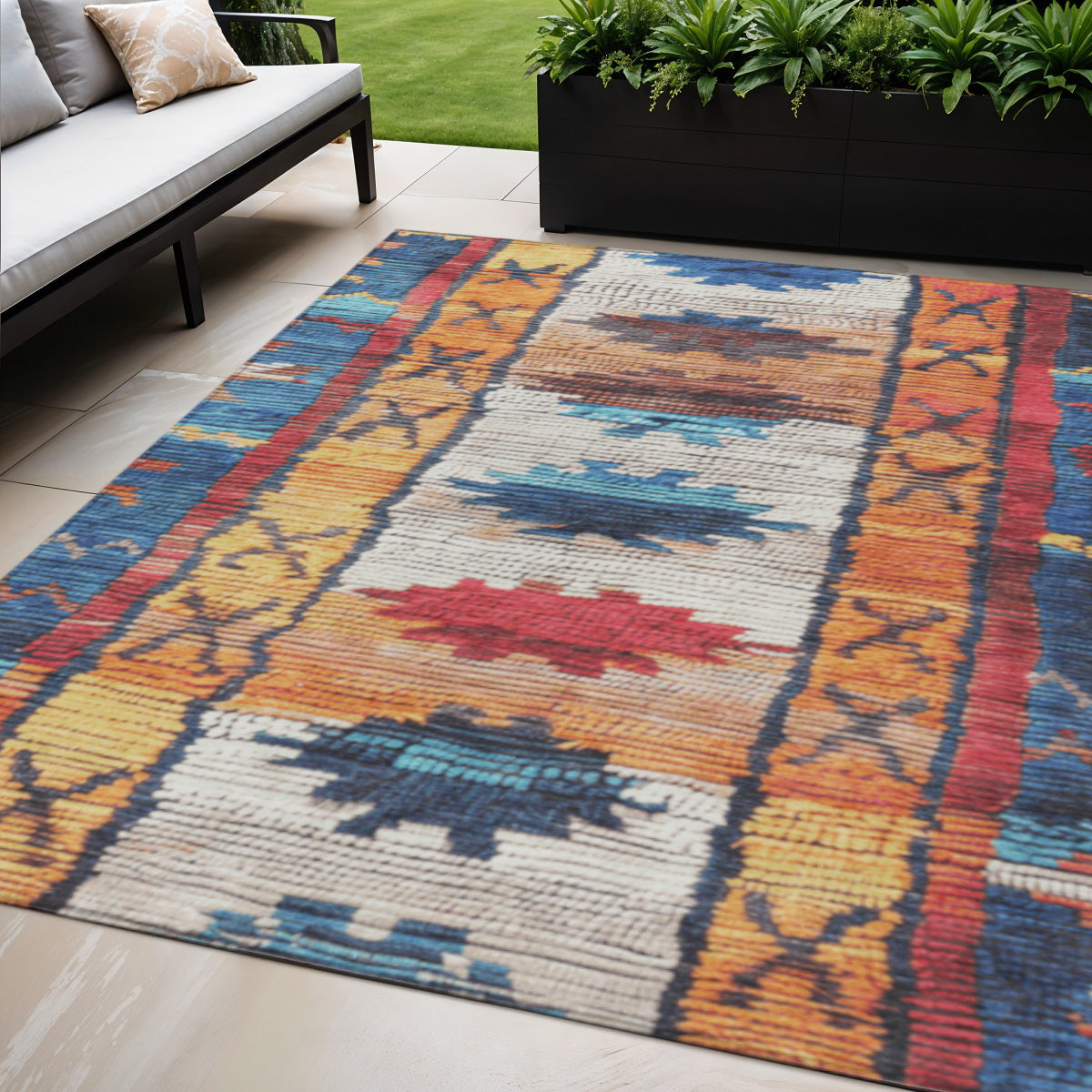 5 X 8 Navy Blue And Copper Tribal Washable Indoor Outdoor Area Rug