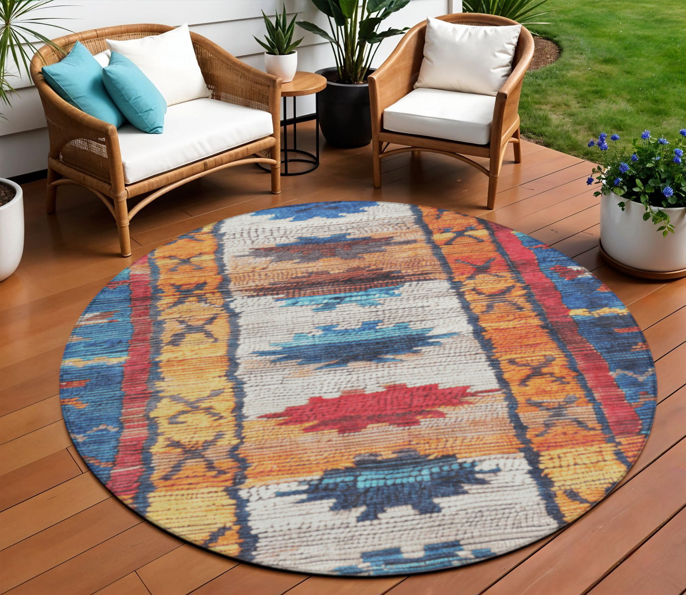 8 Navy Blue And Copper Round Tribal Washable Indoor Outdoor Area Rug