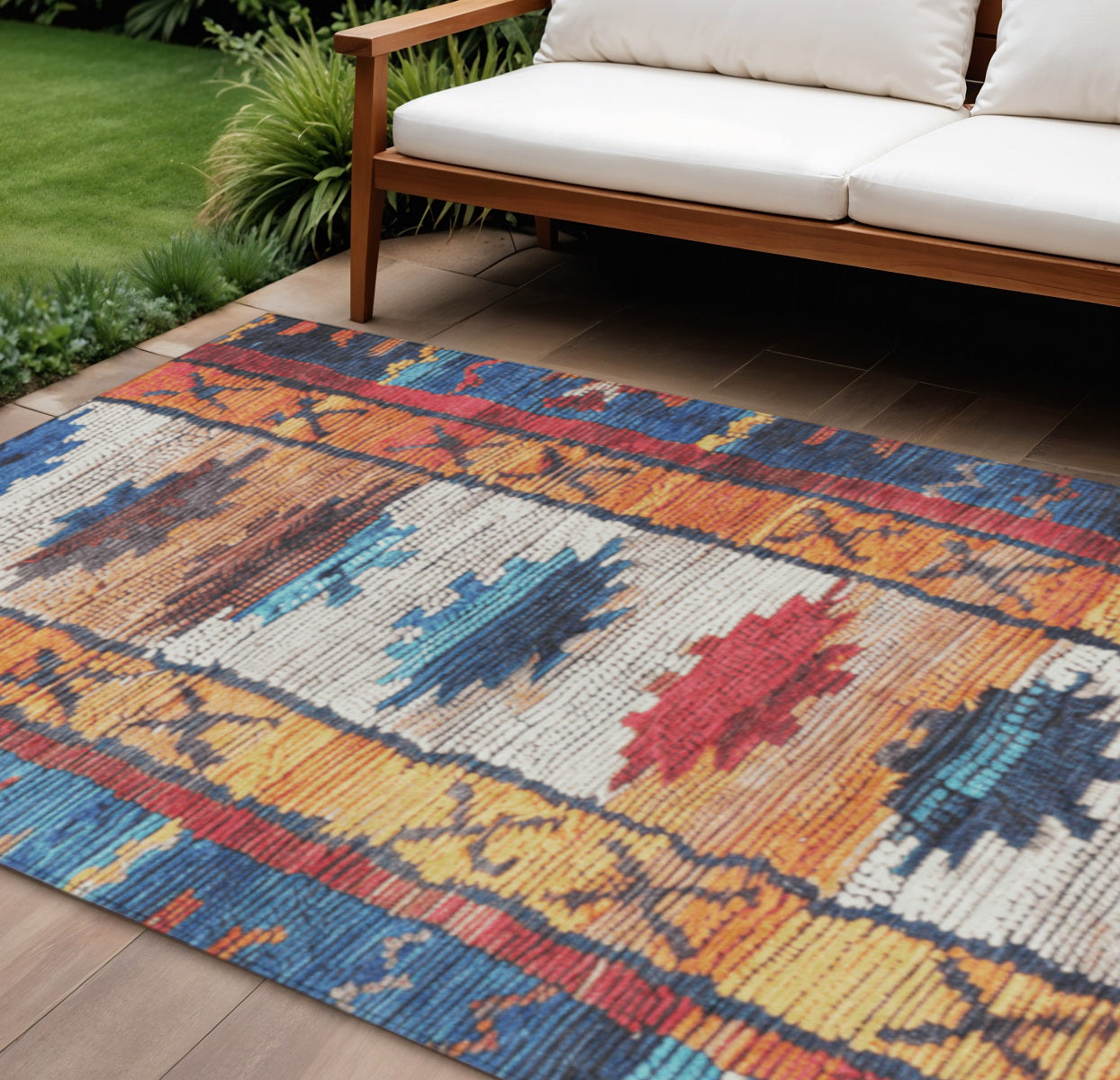 9 X 12 Navy Blue And Copper Tribal Washable Indoor Outdoor Area Rug
