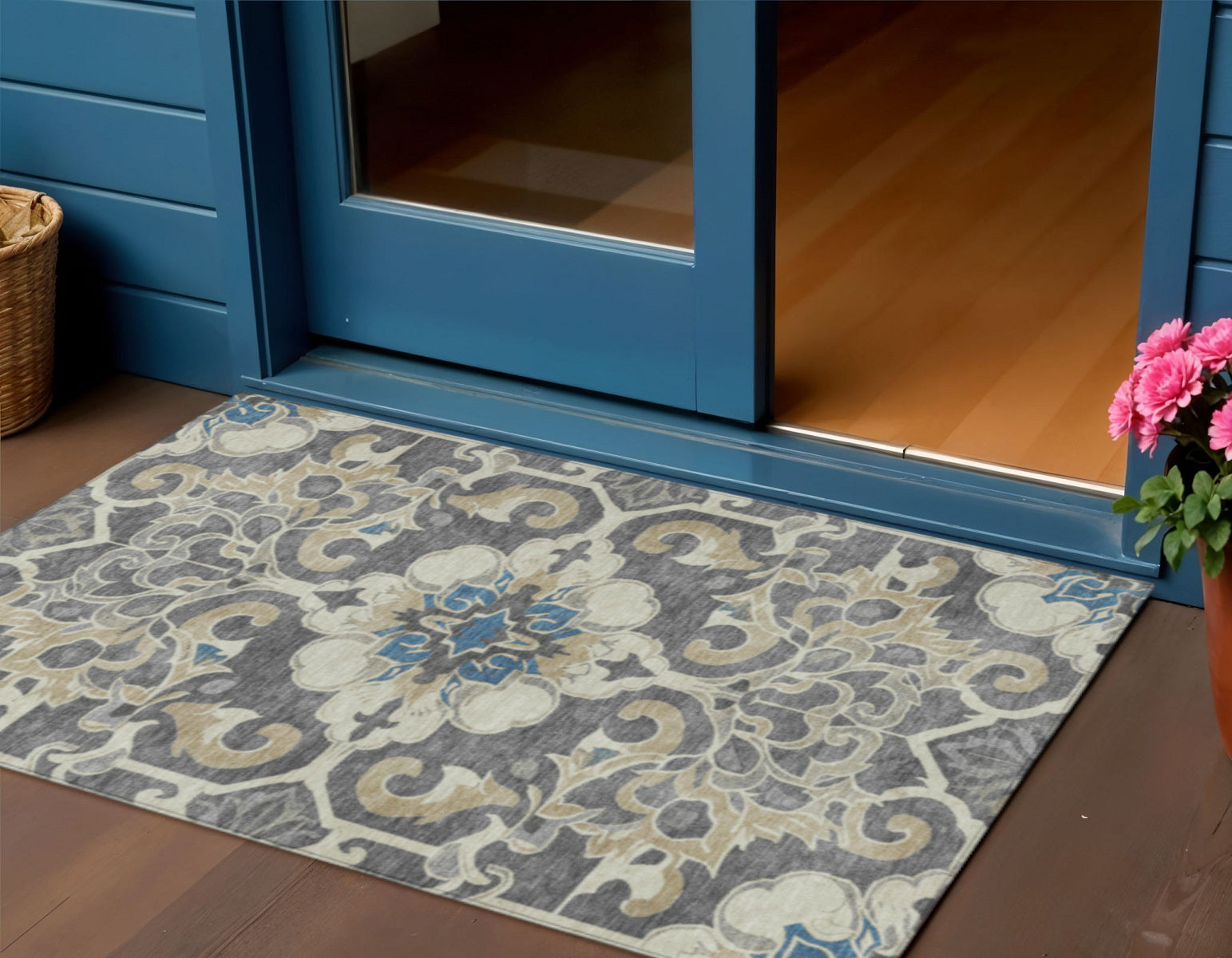 3 X 5 Beige And Charcoal Damask Washable Indoor Outdoor Area Rug