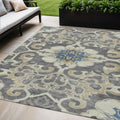 5 X 8 Beige And Charcoal Damask Washable Indoor Outdoor Area Rug