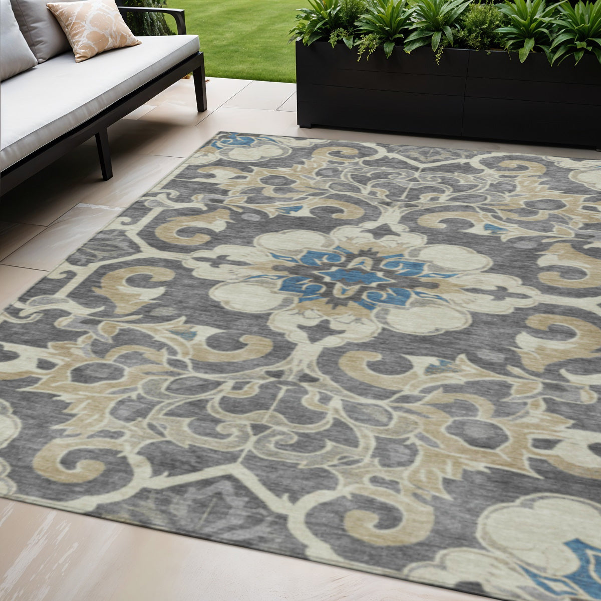 5 X 8 Beige And Charcoal Damask Washable Indoor Outdoor Area Rug