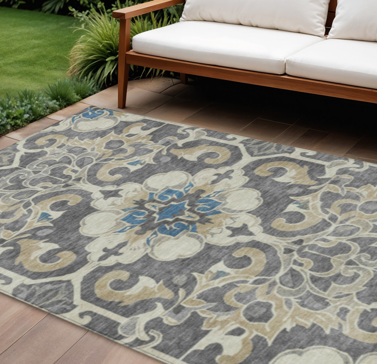 8 X 10 Beige And Charcoal Damask Washable Indoor Outdoor Area Rug