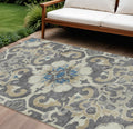 10 X 14 Beige And Charcoal Damask Washable Indoor Outdoor Area Rug