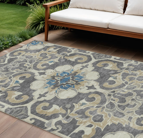 10 X 14 Beige And Charcoal Damask Washable Indoor Outdoor Area Rug
