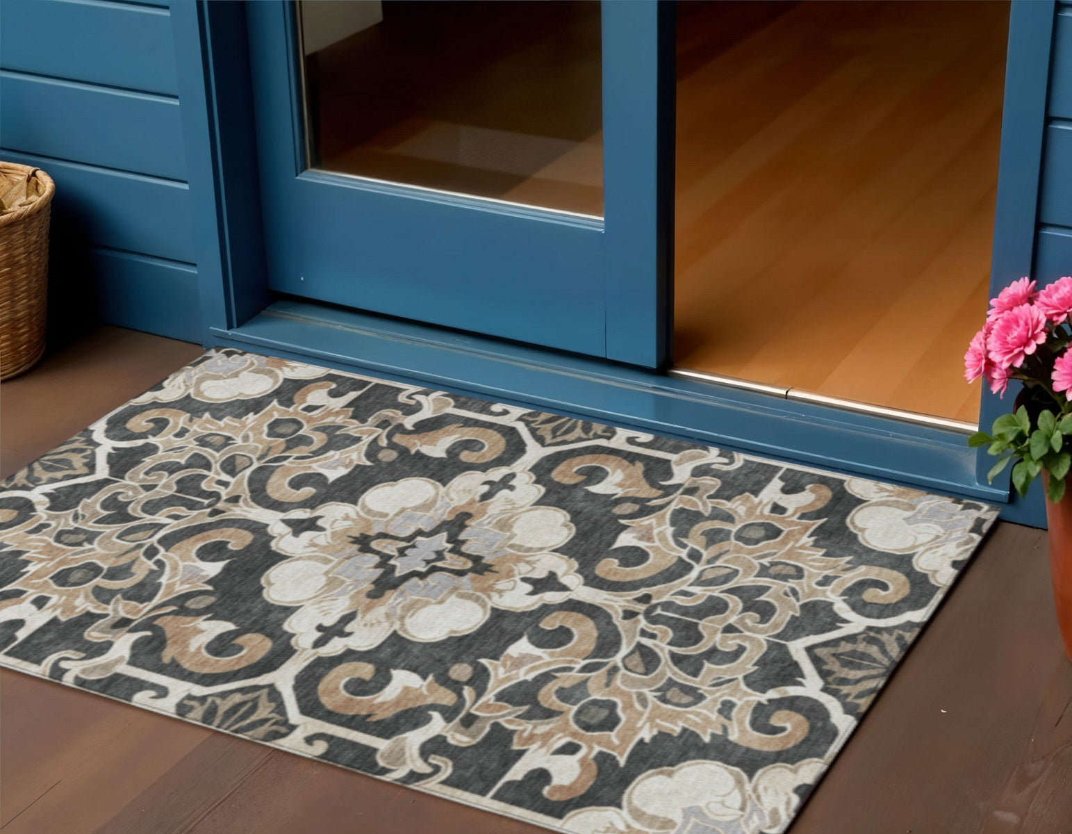 3 X 5 Charcoal And Taupe Damask Washable Indoor Outdoor Area Rug
