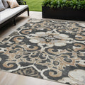 5 X 8 Charcoal And Taupe Damask Washable Indoor Outdoor Area Rug