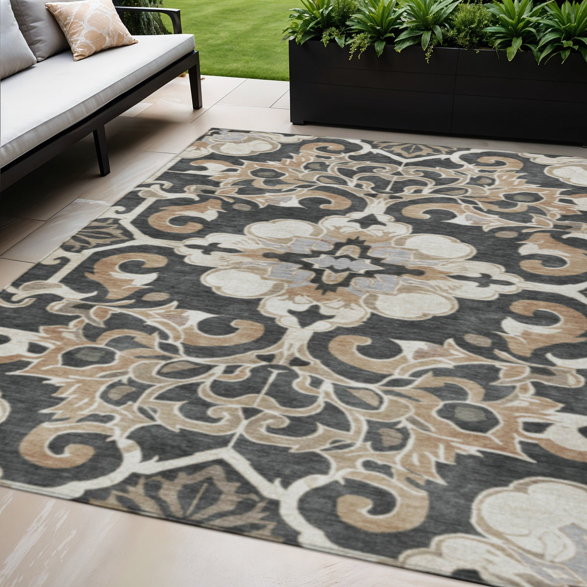 5 X 8 Charcoal And Taupe Damask Washable Indoor Outdoor Area Rug