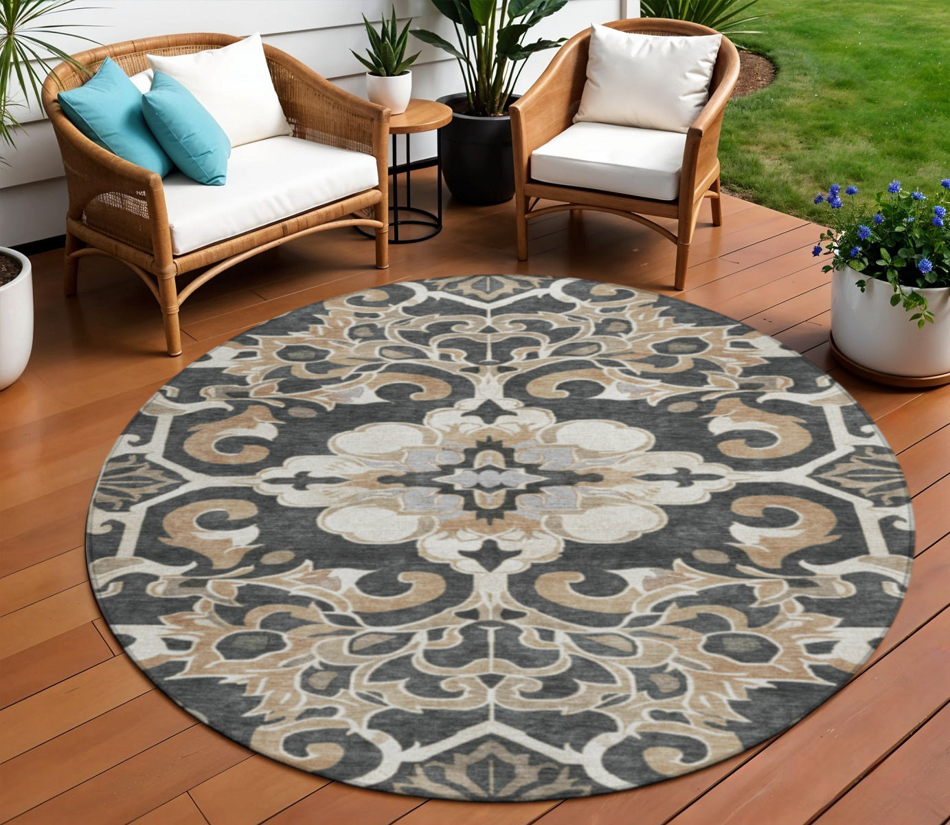 8 Charcoal And Taupe Round Damask Washable Indoor Outdoor Area Rug