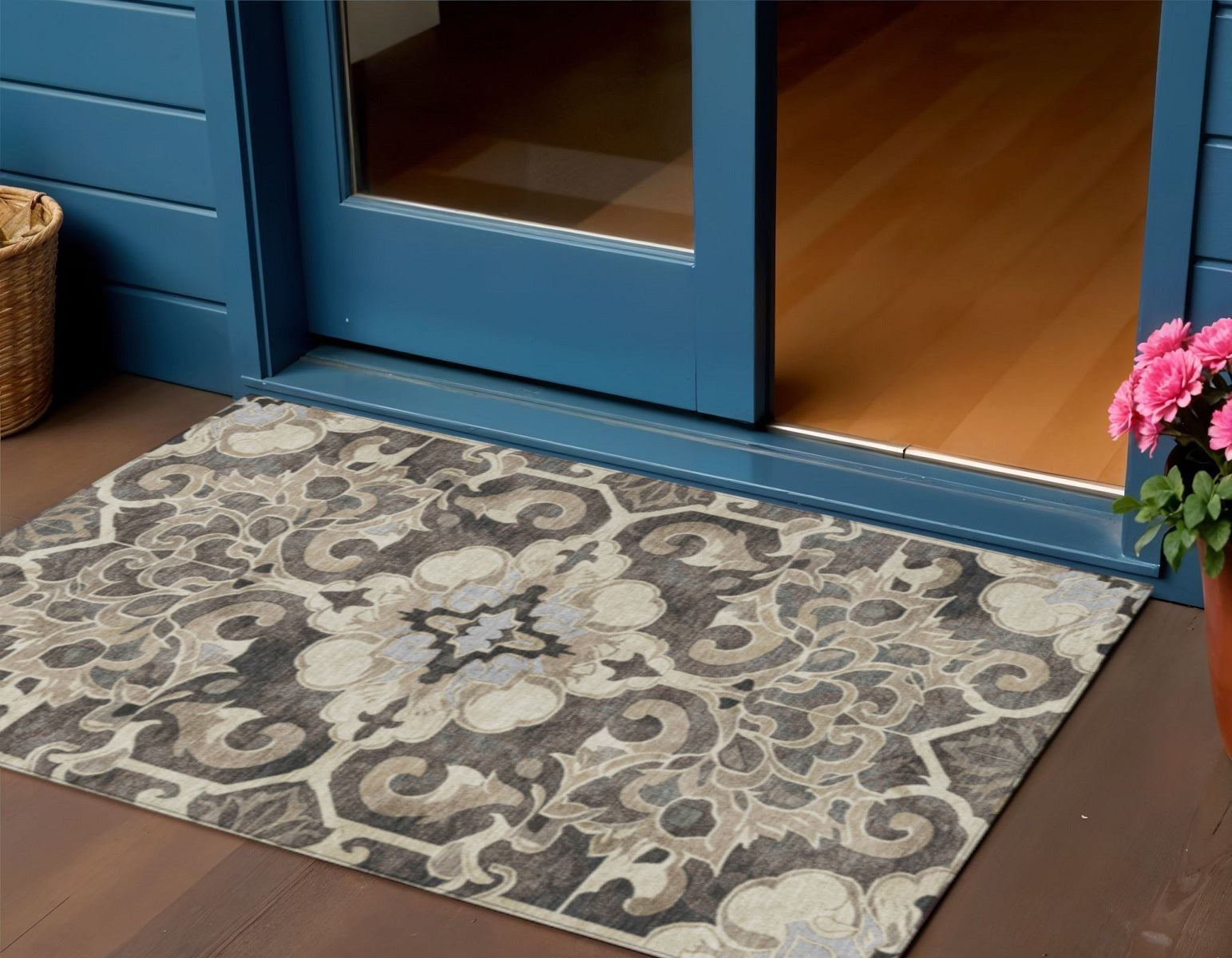 3 X 5 Chocolate And Taupe Damask Washable Indoor Outdoor Area Rug