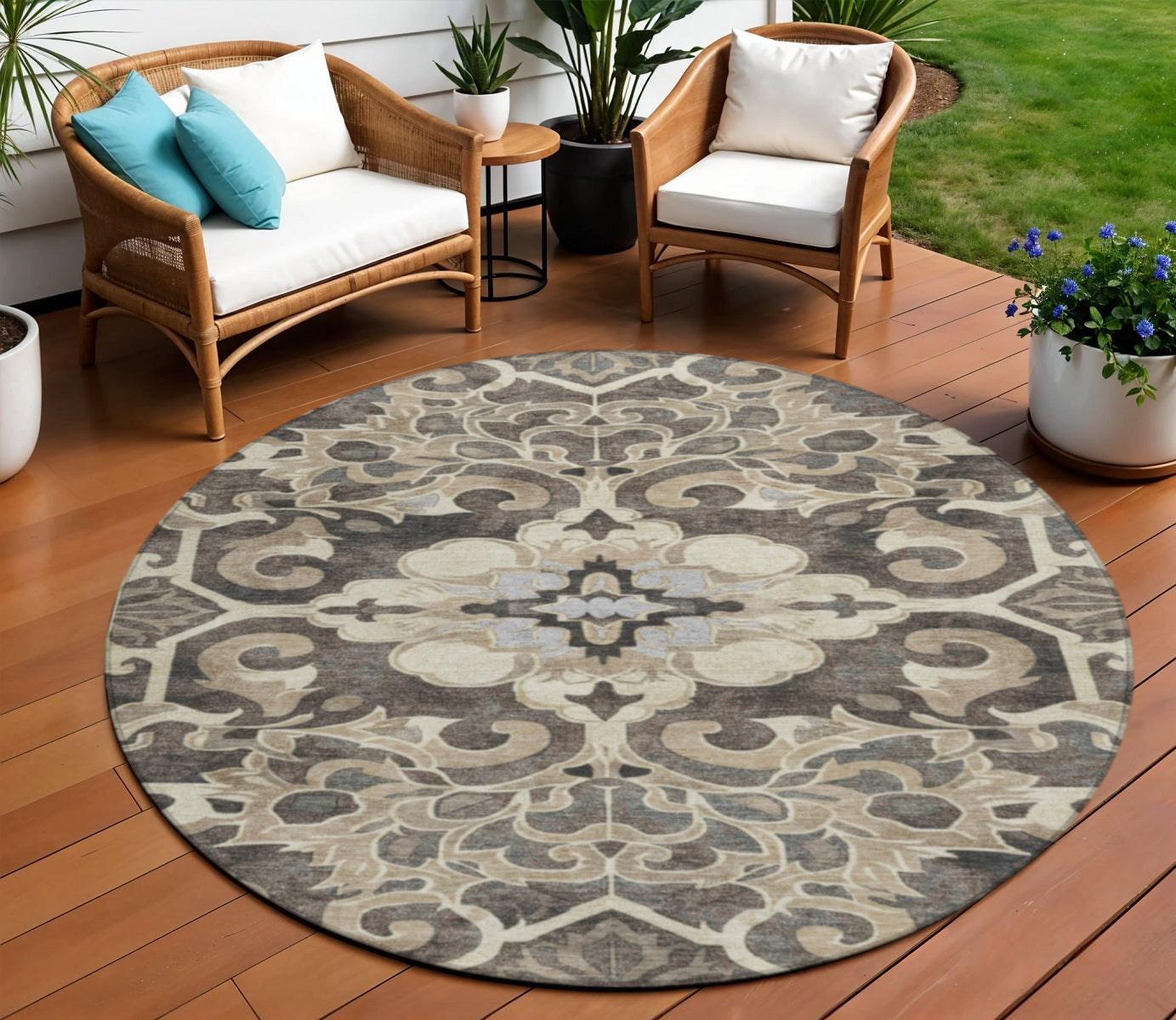8 Chocolate And Taupe Round Damask Washable Indoor Outdoor Area Rug