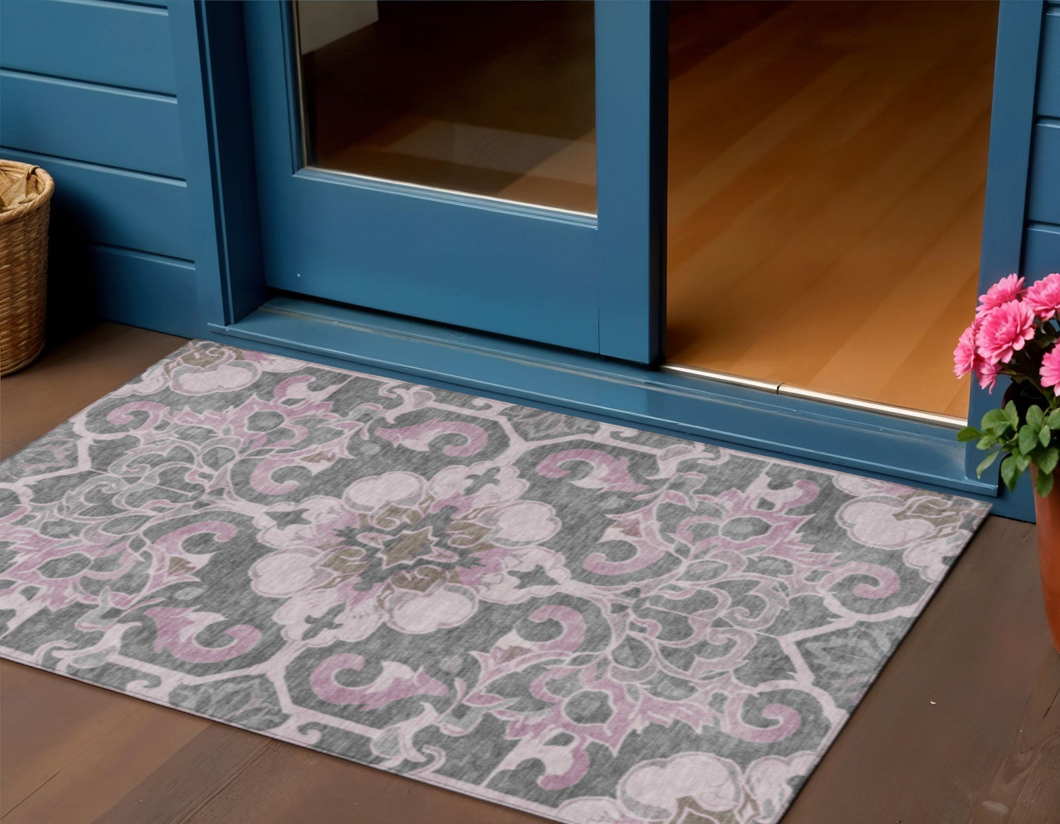 3 X 5 Pink And Charcoal Damask Washable Indoor Outdoor Area Rug