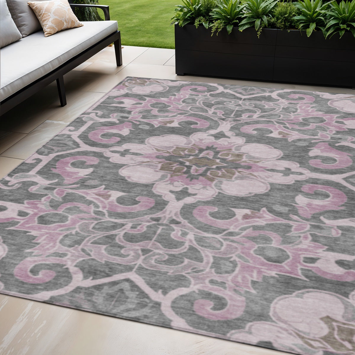 5 X 8 Pink And Charcoal Damask Washable Indoor Outdoor Area Rug