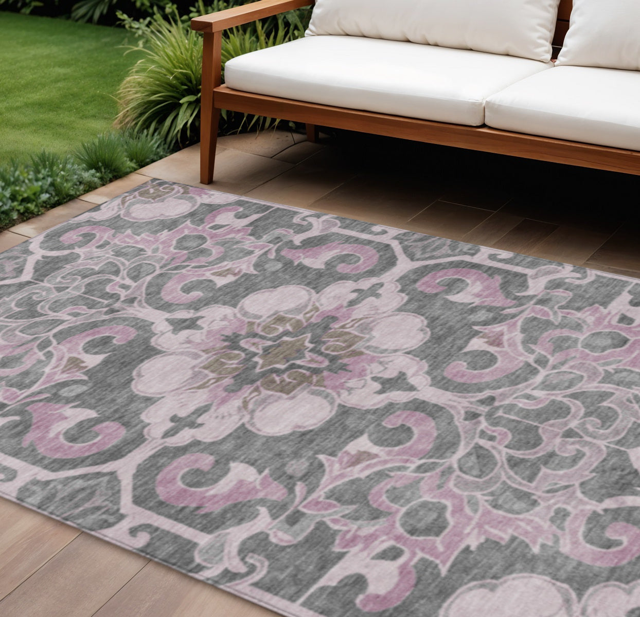 9 X 12 Pink And Charcoal Damask Washable Indoor Outdoor Area Rug