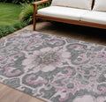10 X 14 Pink And Charcoal Damask Washable Indoor Outdoor Area Rug