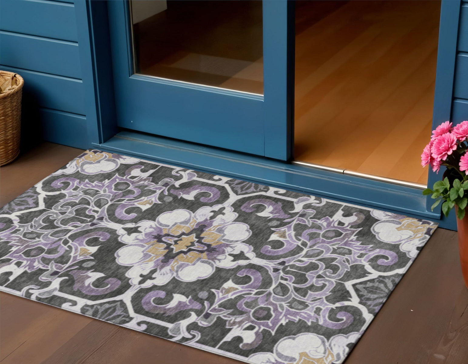 3 X 5 Purple And Charcoal Damask Washable Indoor Outdoor Area Rug