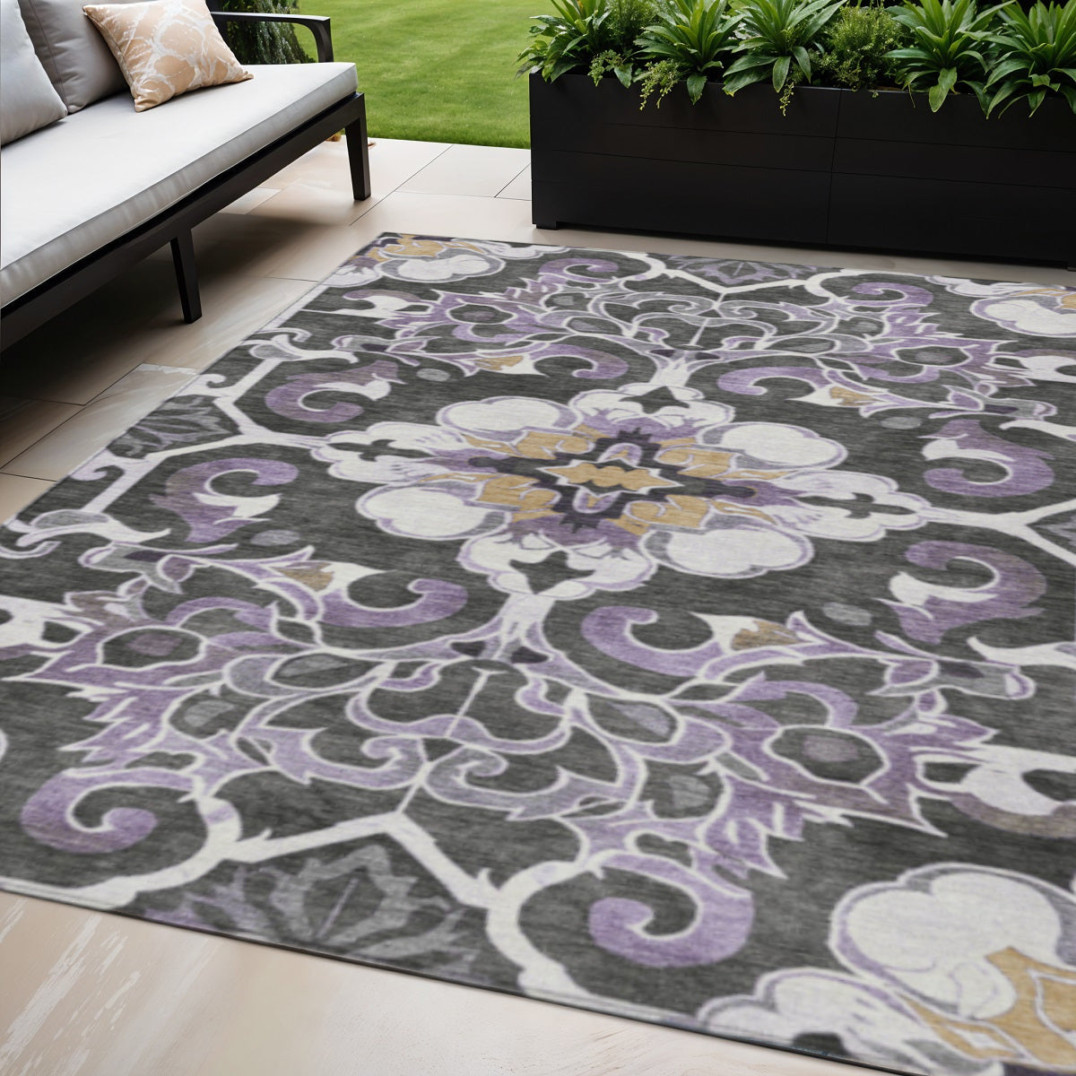 5 X 8 Purple And Charcoal Damask Washable Indoor Outdoor Area Rug