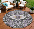 8 Purple And Charcoal Round Damask Washable Indoor Outdoor Area Rug