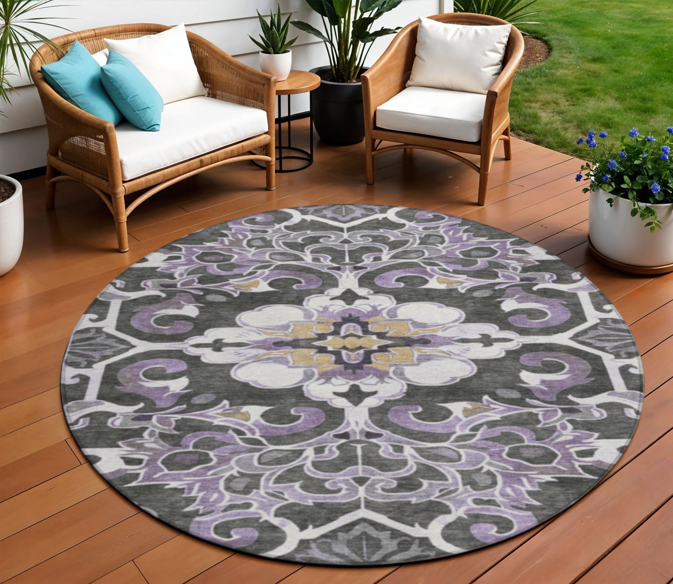 8 Purple And Charcoal Round Damask Washable Indoor Outdoor Area Rug