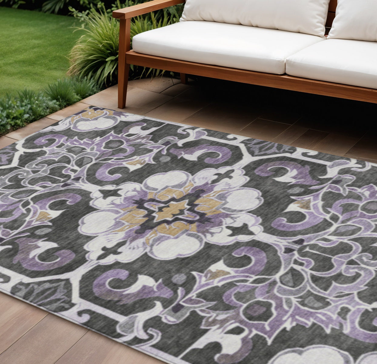 8 X 10 Purple And Charcoal Damask Washable Indoor Outdoor Area Rug