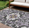 10 X 14 Purple And Charcoal Damask Washable Indoor Outdoor Area Rug