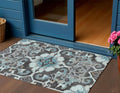 3 X 5 Teal Blue And Charcoal Damask Washable Indoor Outdoor Area Rug