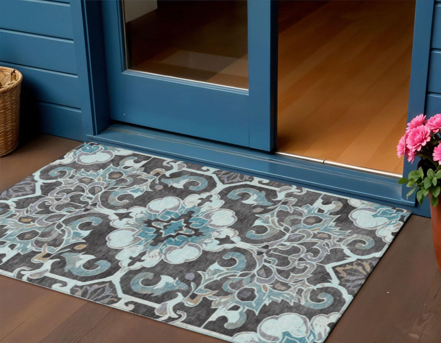 3 X 5 Teal Blue And Charcoal Damask Washable Indoor Outdoor Area Rug