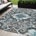 5 X 8 Teal Blue And Charcoal Damask Washable Indoor Outdoor Area Rug