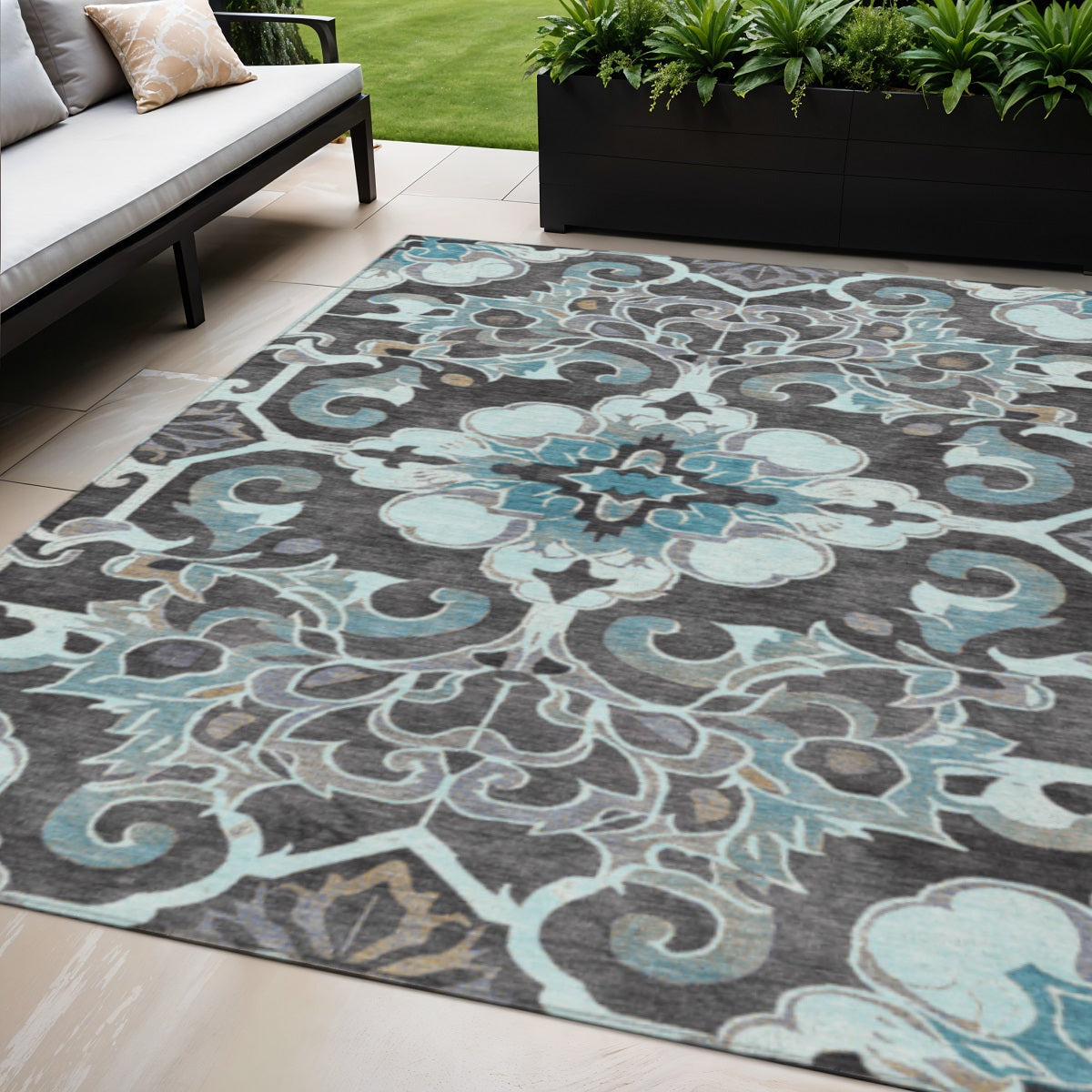 5 X 8 Teal Blue And Charcoal Damask Washable Indoor Outdoor Area Rug