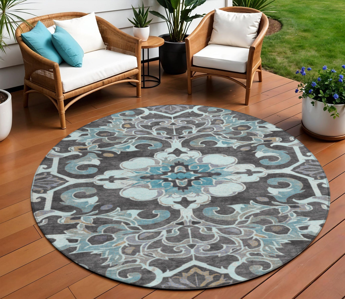 8 Teal Blue And Charcoal Round Damask Washable Indoor Outdoor Area Rug
