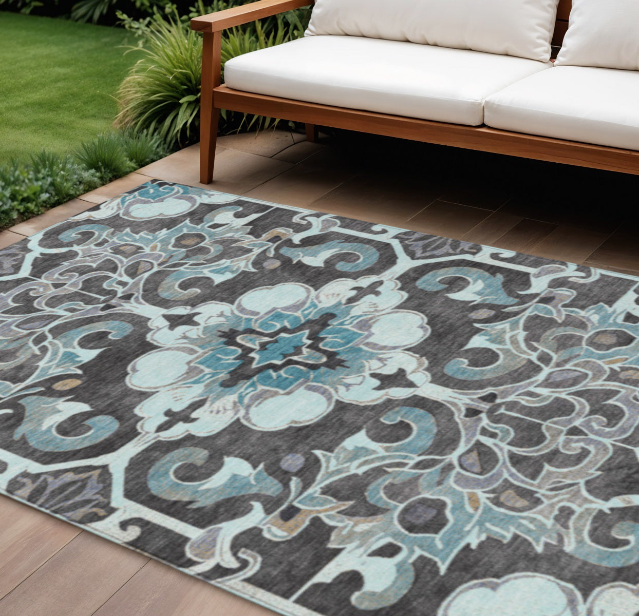 8 X 10 Teal Blue And Charcoal Damask Washable Indoor Outdoor Area Rug