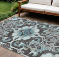9 X 12 Teal Blue And Charcoal Damask Washable Indoor Outdoor Area Rug