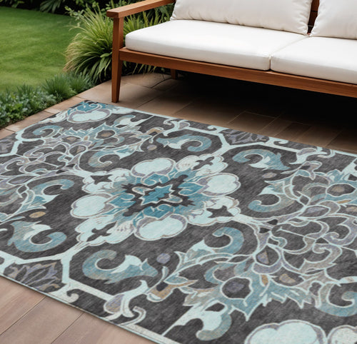 10 X 14 Teal Blue And Charcoal Damask Washable Indoor Outdoor Area Rug