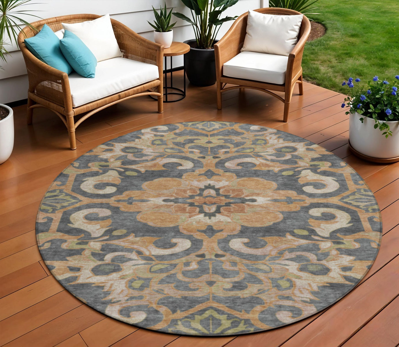 8 Terra Cotta And Charcoal Round Damask Washable Indoor Outdoor Area Rug