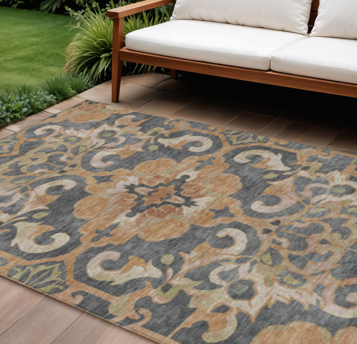 10 X 14 Terra Cotta And Charcoal Damask Washable Indoor Outdoor Area Rug