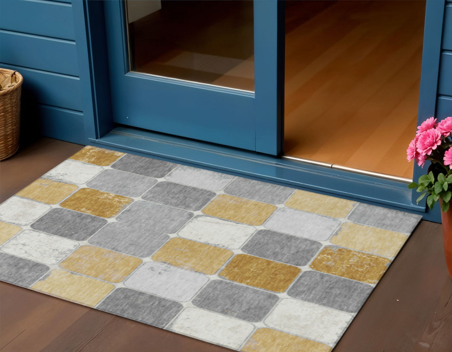3 X 5 Gold And Gray Geometric Washable Indoor Outdoor Area Rug