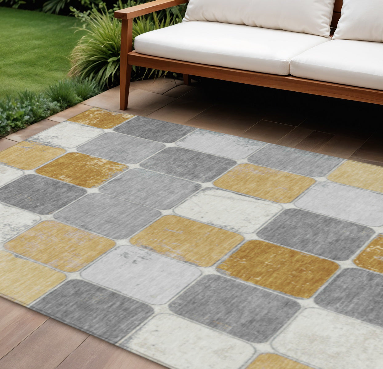 10 X 14 Gold And Gray Geometric Washable Indoor Outdoor Area Rug