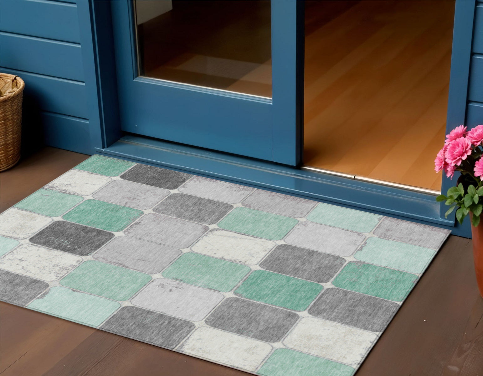 3 X 5 Mint Green And Gray Geometric Washable Indoor Outdoor Area Rug