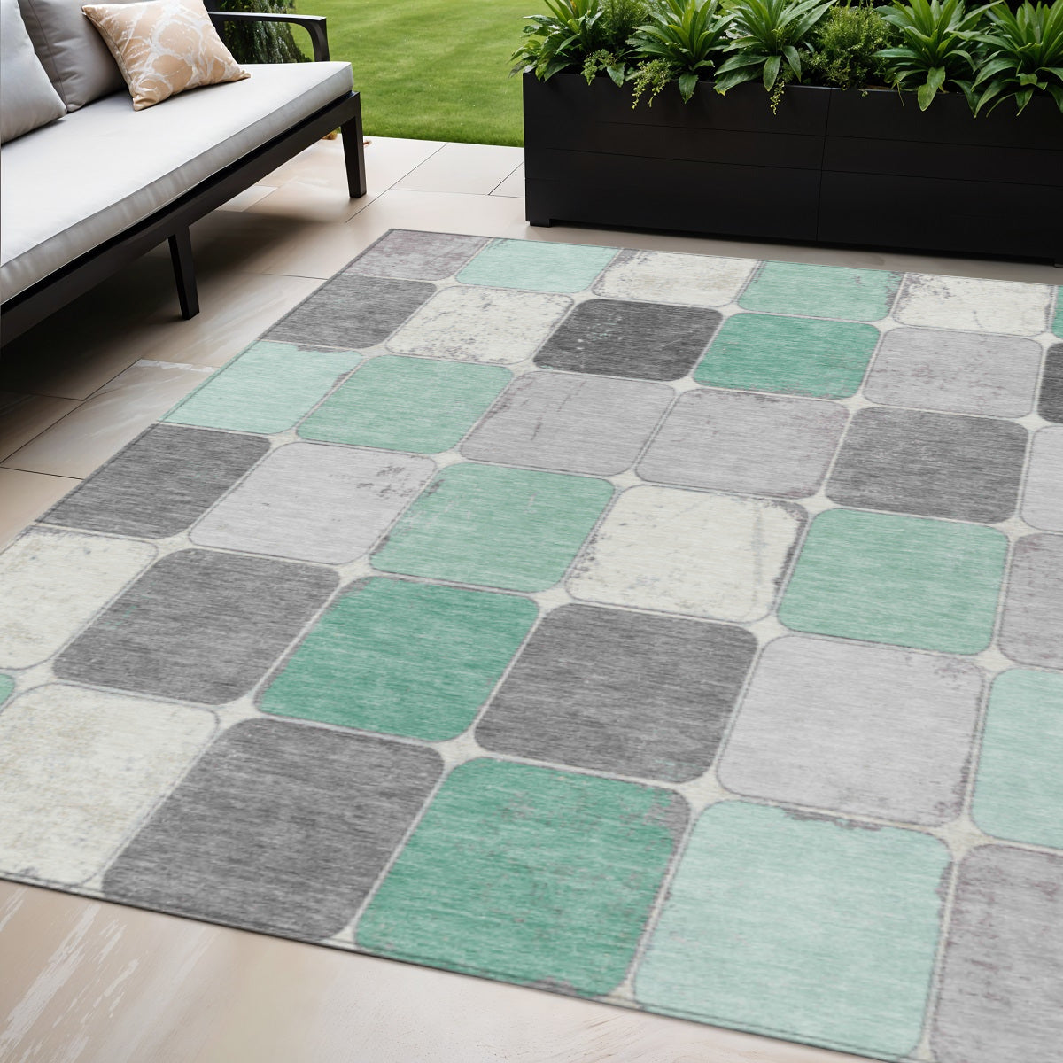 5 X 8 Mint Green And Gray Geometric Washable Indoor Outdoor Area Rug