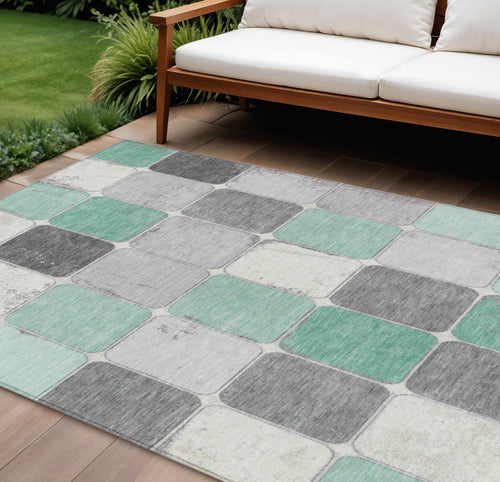 10 X 14 Mint Green And Gray Geometric Washable Indoor Outdoor Area Rug