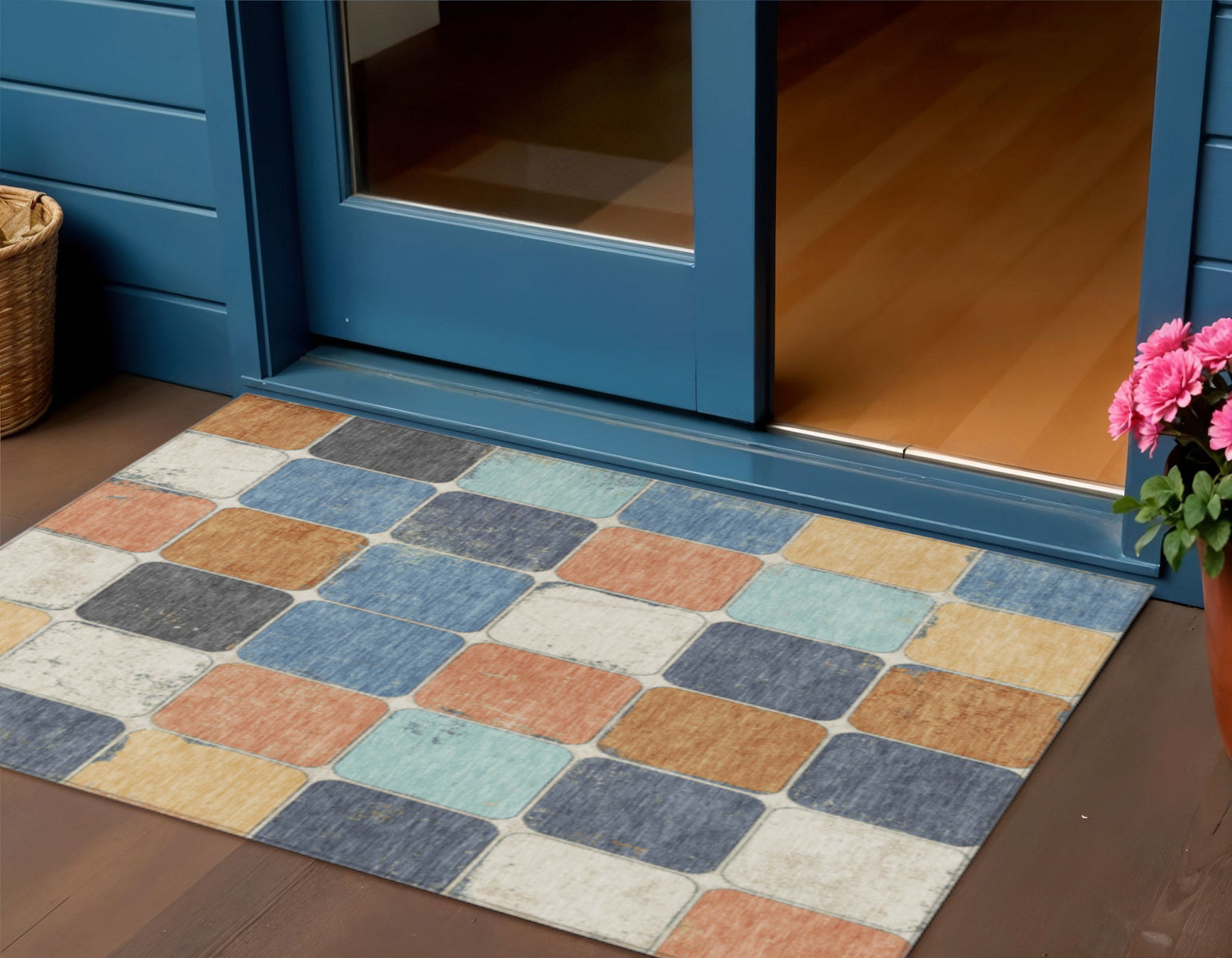 3 X 5 Rust And Denim Blue Geometric Washable Indoor Outdoor Area Rug